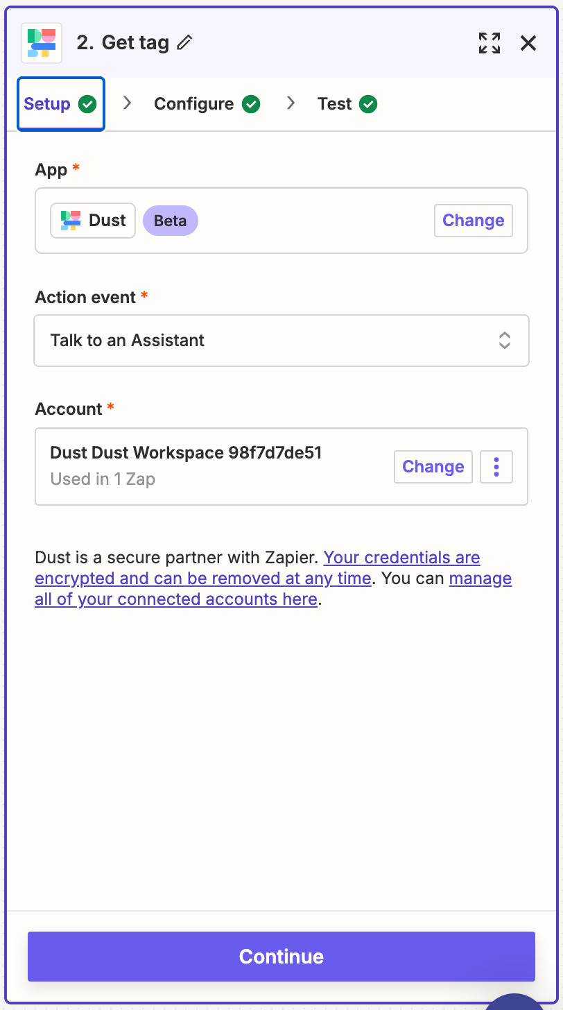 Action Dust dans Zapier