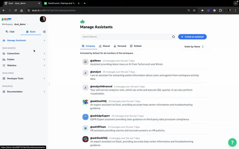 Création d'une source de données website dans Dust